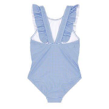 girls sky blue gingham ruffle one piece