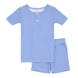 unisex sky blue gingham shirt and short pima pajamas set