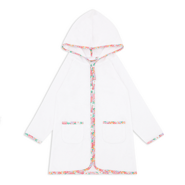 unisex white french terry hooded zipper coverup with island blossom trim