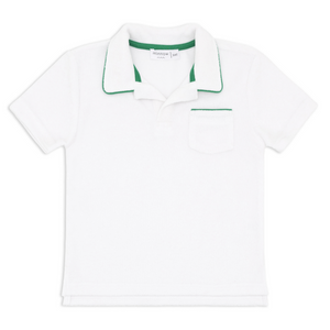 boys white french terry polo with bermuda green trim