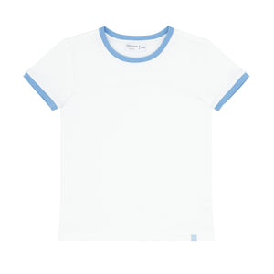 unisex white cotton ringer tee with surfside blue trim