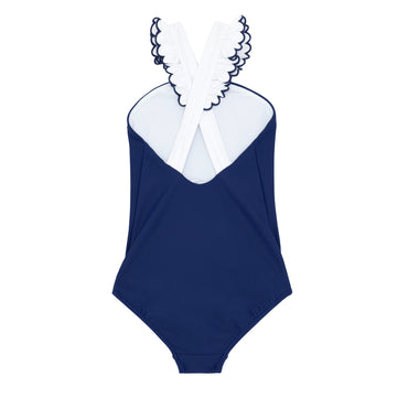 girls navy & white v-neck crossover one piece