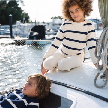 unisex cream and navy wide stripe knit sweater