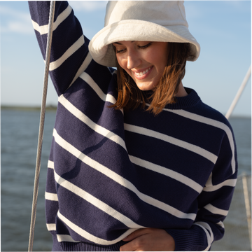 women's navy and cream wide stripe knit sweater