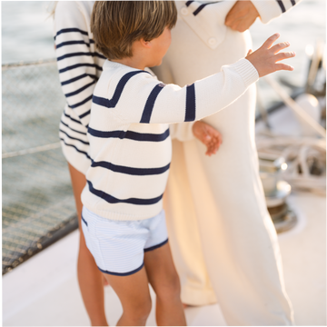 unisex cream and navy wide stripe knit sweater