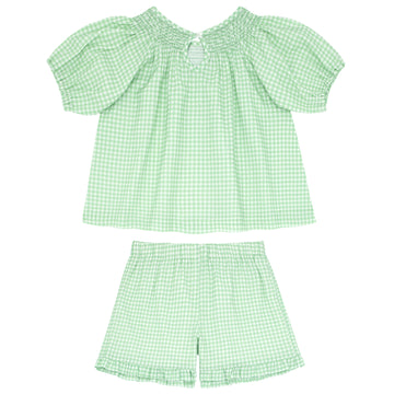 girls palm gingham smocked sleeve short set