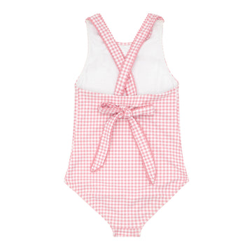 girls pink guava gingham ruffle neck one piece with back bow tie