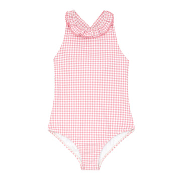 girls pink guava gingham ruffle neck one piece with back bow tie