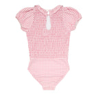 girls pink guava gingham puff sleeve smocked one piece with ruffle collar