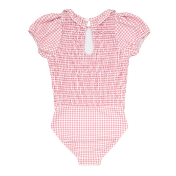 girls pink guava gingham puff sleeve smocked one piece with ruffle collar