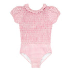 girls pink guava gingham puff sleeve smocked one piece with ruffle collar