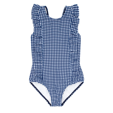 girls navy gingham ruffle one piece