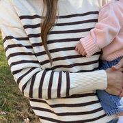 women's cream and brown stripe knit sweater