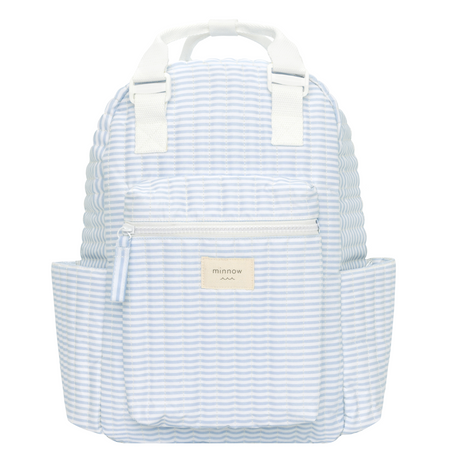 blue and white striped backpack with leather strap powder blue stripe coated everyday backpack