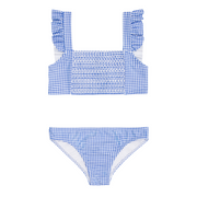 girls sky blue gingham smocked ruffle strap bikini