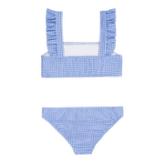girls sky blue gingham smocked ruffle strap bikini