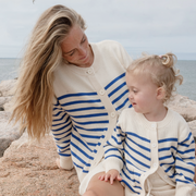 women's cream and blue stripe knit cardigan