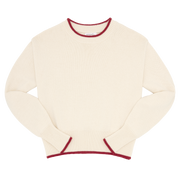 women's cream cropped knit sweater with red trim
