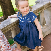 girls chambray embroidered cap sleeve dress