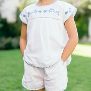 girls white embroidered cap sleeve top and short set