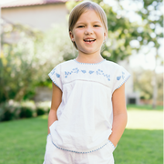 girls white embroidered cap sleeve top and short set