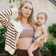 women's cream and brown stripe cropped knit cardigan