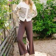 women's cream and brown stripe cropped knit cardigan