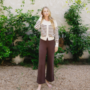 women's cream and brown stripe cropped knit cardigan