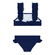 girls navy with white trim ruffle strap bikini