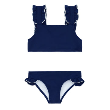 girls navy with white trim ruffle strap bikini