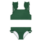 girls evergreen with white trim ruffle strap bikini