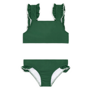 girls evergreen with white trim ruffle strap bikini