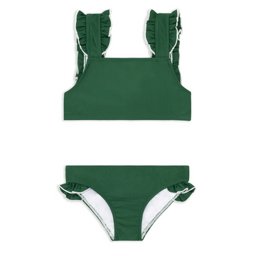 girls evergreen ruffle strap bikini with white lettuce edge trim