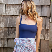 women's navy low back one piece