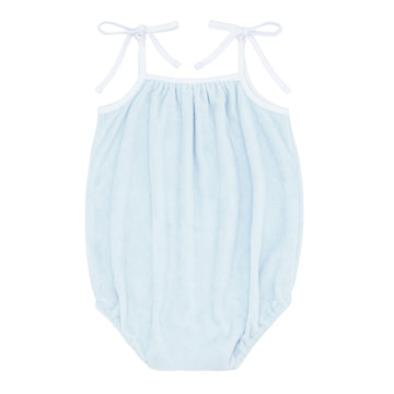 baby girls light blue romper with shoulder ties