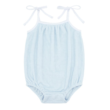 baby girls light blue romper with shoulder ties