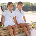 boys white french terry shorts with navy trim