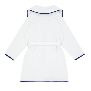 unisex white french terry robe with navy trim