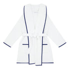 unisex white french terry robe with navy trim