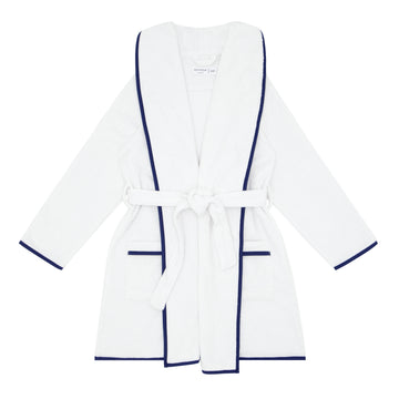 unisex white french terry robe with navy trim