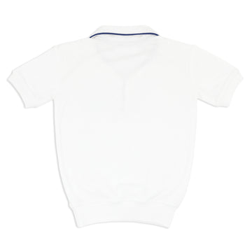 unisex white french terry polo with navy trim