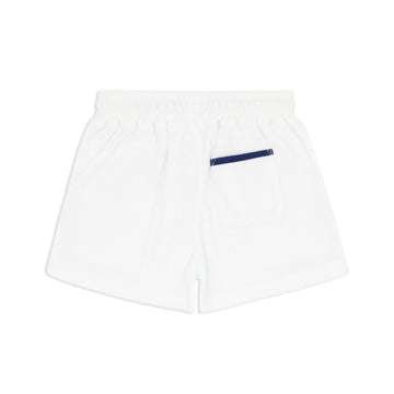 boys white french terry shorts with navy trim