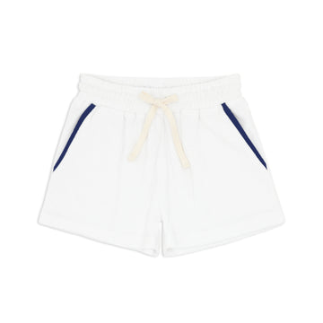 boys white french terry shorts with navy trim