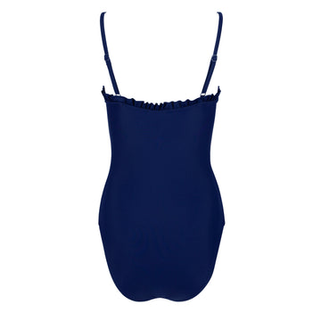 women's navy ruffle edge one piece