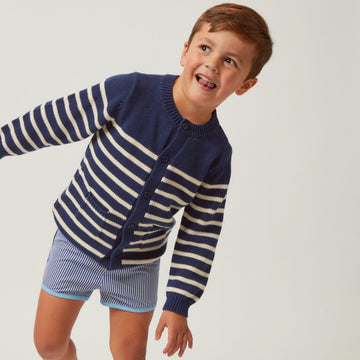 unisex navy and cream stripe knit cardigan