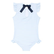 girls powder blue stripe ruffle cap sleeve one piece