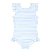 girls powder blue stripe ruffle cap sleeve one piece