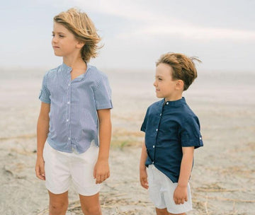 boys navy stripe short sleeve button down shirt