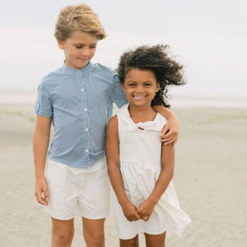 boys navy stripe short sleeve button down shirt