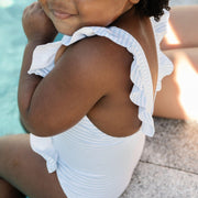 girls powder blue stripe ruffle one piece